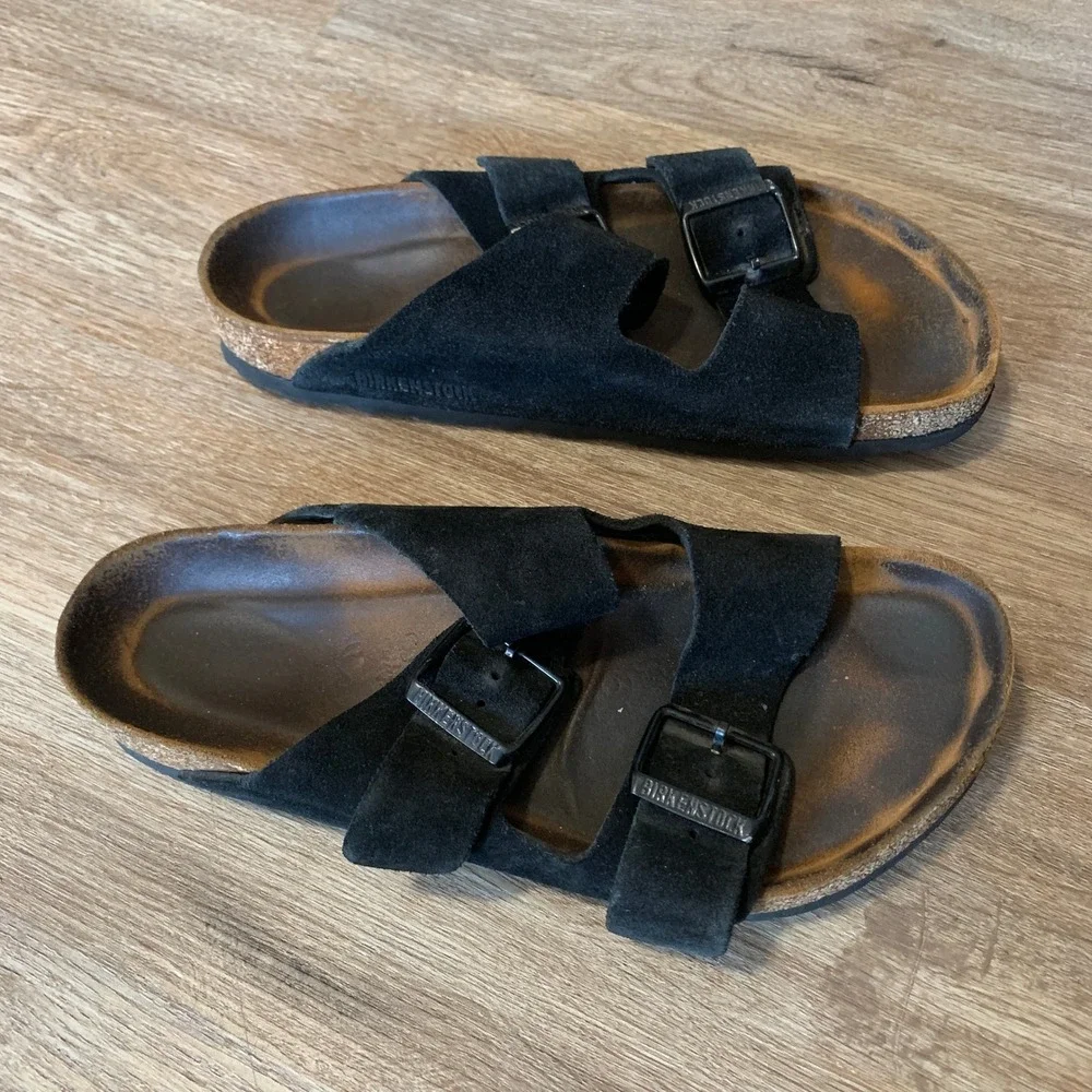 Birkenstock Arizona Suede Leather Sandals Black Two Strap Slides Mens 38 EU